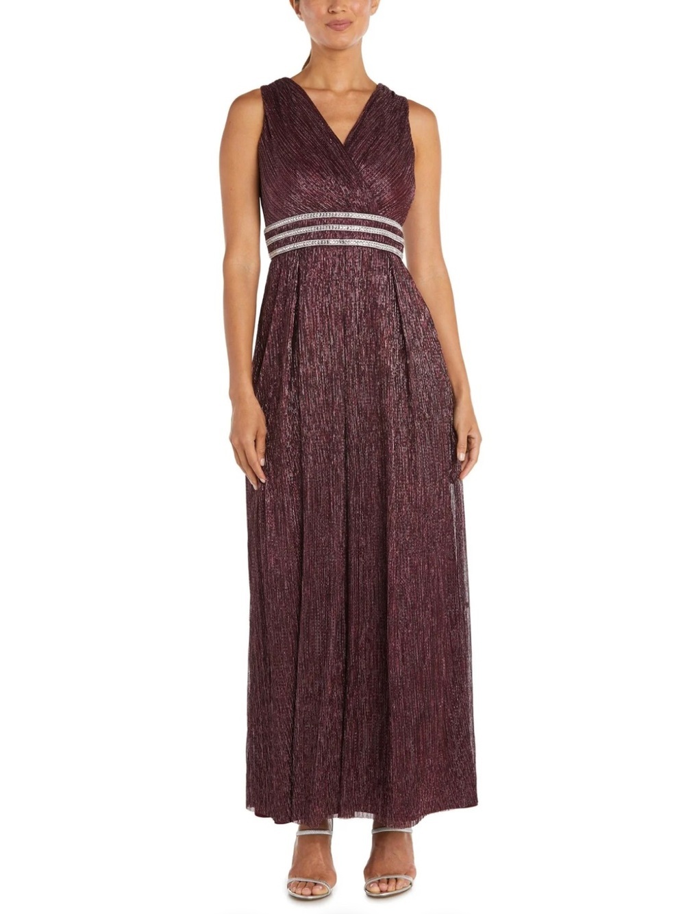 R&M Richards Metallic Burgundy Evening Dress Rhinestone Waist Size 12